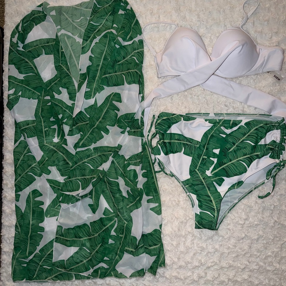 SHEIN Green Leaf Print Swim Set